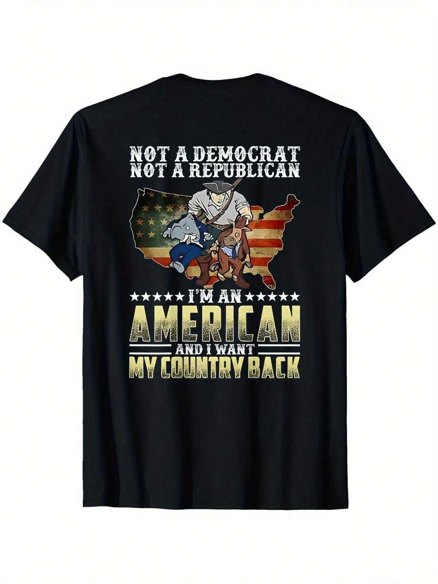 Camiseta Patriótica 100% Algodón - Diseño "No soy demócrata, no soy republicano, soy estadounidense" con la bandera estadounidense y una ilustración de un elefante - Corte holgado informal, cuello redondo, mangas cortas - Perfecta para el Día de la Independencia o eventos patrióticos. - Negro - Ver 1