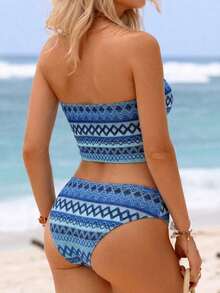 2 piezas Conjunto de bikini con camiseta de mujer, tela con textura a rayas de colores, decoración con flecos bohemios, estilo de resort de playa, adecuado para piscina y playa - Azul - Ver 2