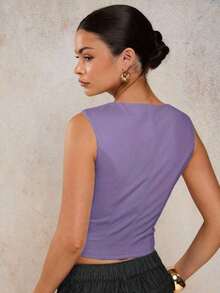 Blusa sin mangas de corte slim de unicolor con cuello en V profundo para mujer - Púrpura malva - Ver 2