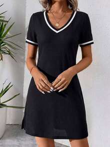 Vestido de punto de bloques de color con cuello en V, elegante y casual, con correa tejida, negro - Negro 2 - Ver 5