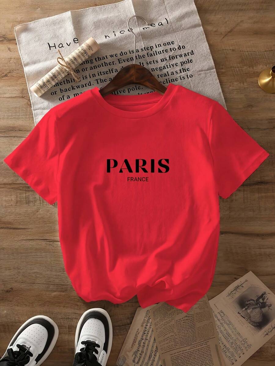 New Women's Casual Short Sleeve Crew Neck T-Shirt With Paris Letter Print Design, Perfect For Spring And Summer. Unisex Vintage Style, Loose Fit Cotton Short Sleeve Crew Neck T-Shirt. - 紅色 - 查看 1
