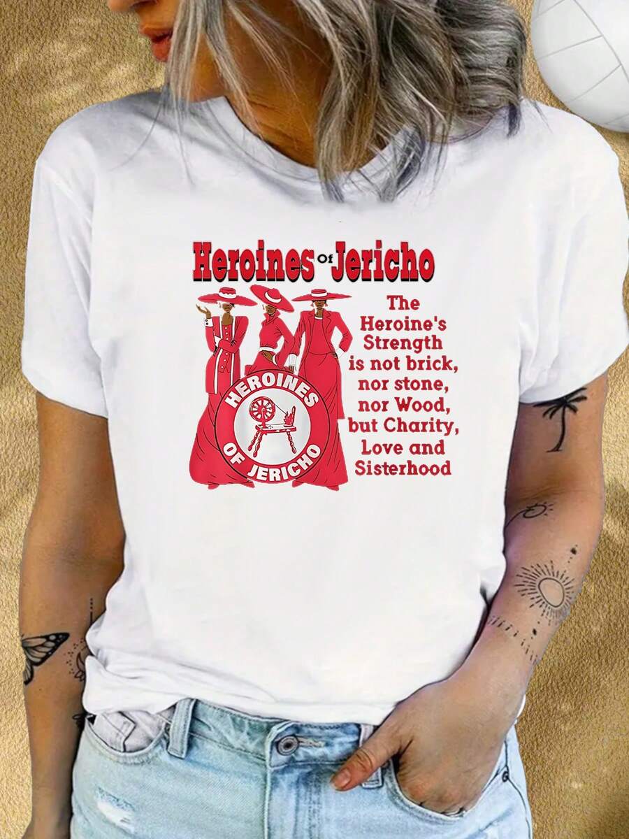 Women's Red T-Shirt Heroines Of Jericho | Three Women In Red Dresses And Hats, Spinning Wheel Logo, Inspirational Quote For Sisterhood Events, Streetwear Style, Casual T-Shirt, Comfortable Crew Neck, Short Sleeves, Slightly Stretchy Fabric. - 白色 - 查看 1