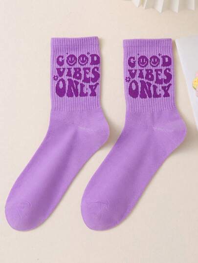 Artist Sport Letter Printed Purple Mid-Calf Socks, For Holiday, Workout