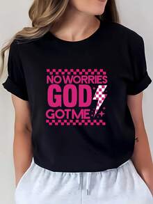 Women's "God Is With Me" T-Shirt (200g) - Soft And Comfortable, With A Christian Faith Print, Ideal As A Family Gift, For Team-Building Activities In The Office, And For Everyday Casual Wear. A Perfect Choice For Smiles At Church During Easter. Universal Basic Style. - 黑色 - 查看 1