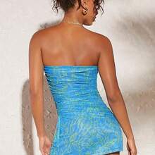 Women's Floral Printed Strapless Drawstring Waist Dress - Azul y blanco - Ver 3
