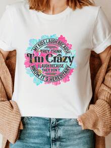 Short-Sleeved T-Shirt With Round Neck And Floral Print, Suitable For Casual Wear In Summer And Spring, Women's Clothing - Unisex Loose Cotton T-Shirt With Round Neck And Short Sleeve Urban Vintage Style. - 白色 - 查看 1