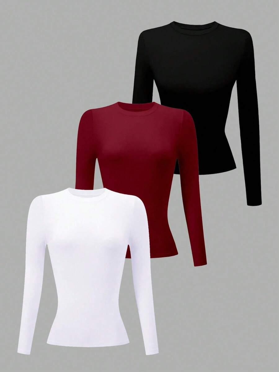 3 pack playeras dama blusa manga larga ultra comoda liguera moda minimalista basica estilo unico basico dulce divertido colorido ideal cita cumpleaños fiesta - Multicolor(VinoNegroBlanco) - Ver 1