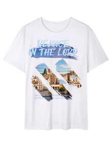 Camiseta casual para hombre con estampado de paisaje urbano y texto inspirador Rejoice in the Lord Camiseta de algodón suave ideal para uso diario en primavera y verano Regalo perfecto para hombres que aman la moda con mensaje positivo - Blanco - Ver 2