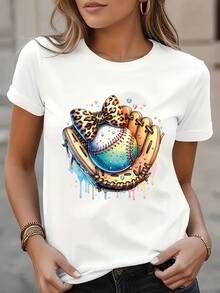 Women's Casual Baseball T-Shirt With Vibrant Graphic Design - Short Sleeve, Crew Neck, Machine Washable, All-Season Comfort, Baseball Fan Apparel, Comfortable Graphic Tee, Women's Clothing - 黑色 - 查看 1