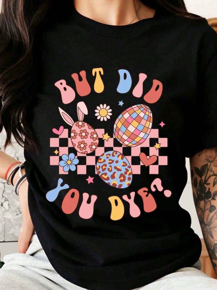 Camiseta Gráfica Divertida con Estampado de Conejito y Flores de Pascua para Mujer, Regalo de Primavera, Ropa Casual - Negro - Ver 1