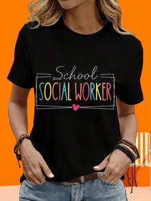 Camiseta de manga corta para mujer, informal, para ocio, actividades al aire libre, hogar, escuela, trabajador social, con diseño de texto colorido y gráfico de corazón, top casual, regalo para vacaciones y fiestas al aire libre. - Negro - Ver 3