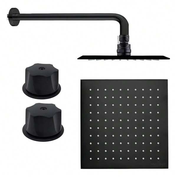 Kit Regadera Negra 20cm Tubo Redondo Y Manerales