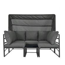 Iron Sunny Island Garden Lounge Set, Seating Group With Stool And Table With Canopy, 4 Piece Set For Balcony And Garden, Outdoor Furniture, Weatherproof, Grey, Includes All Cushions (Previous Reference: HW24006AAA) - Grey - View 8