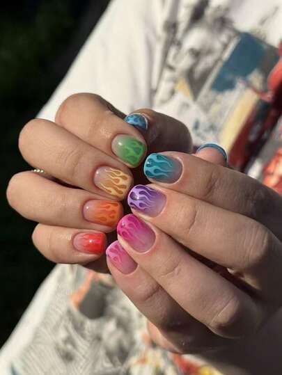 24pcs Cute Square Press On Fake Nails Colorful Short Nail Flame Acrylic French Fake Nails Women Summer Nails