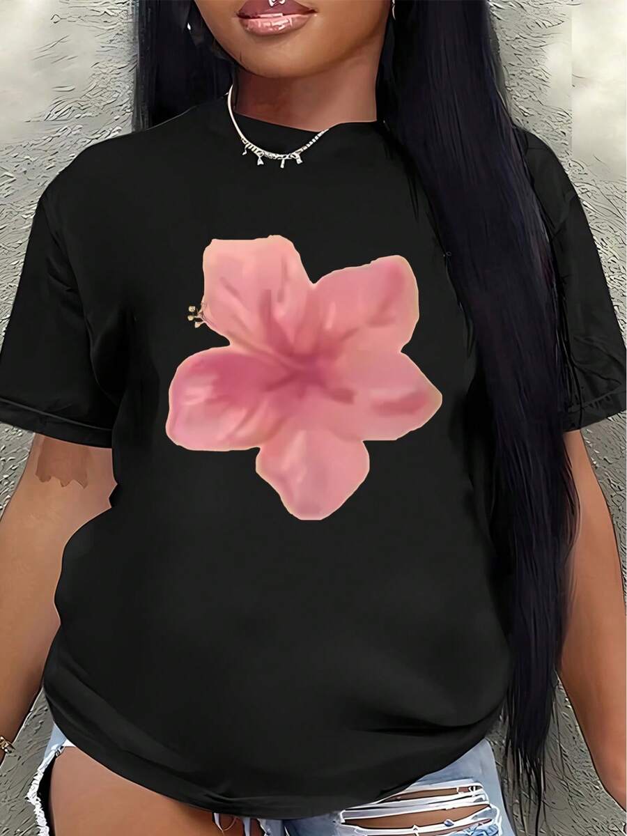 This Lightweight And Durable Short-Sleeved T-Shirt With A Pink Floral Design Is Perfect For Casual Outings Or Relaxing At Home, Offering A Comfortable Everyday Wear Experience. Women's Blouses > Clothing - 黑色 - 查看 1