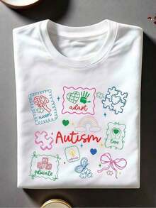 1 pieza de camiseta blanca para mujer con estampado de corazón de rompecabezas y arcoíris, camiseta unisex casual de cuello redondo, tejido ligero de punto fino, lavable a máquina, para primavera/verano/otoño, Pascua/Día de San Valentín/Navidad, 180g, 100% algodón. - Blanco - Ver 8