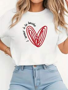 1 Piece Of Women's Short-Sleeved Opaque T-Shirt - Round Neck Top With Front And Back Print | Machine Washable Opaque Shirt, Suitable For Summer, Layering In Spring, And Everyday Casual Wear. | For Everyday Wear, Use 180g 100% Cotton Opaque Clothing. - 白色 - 查看 1