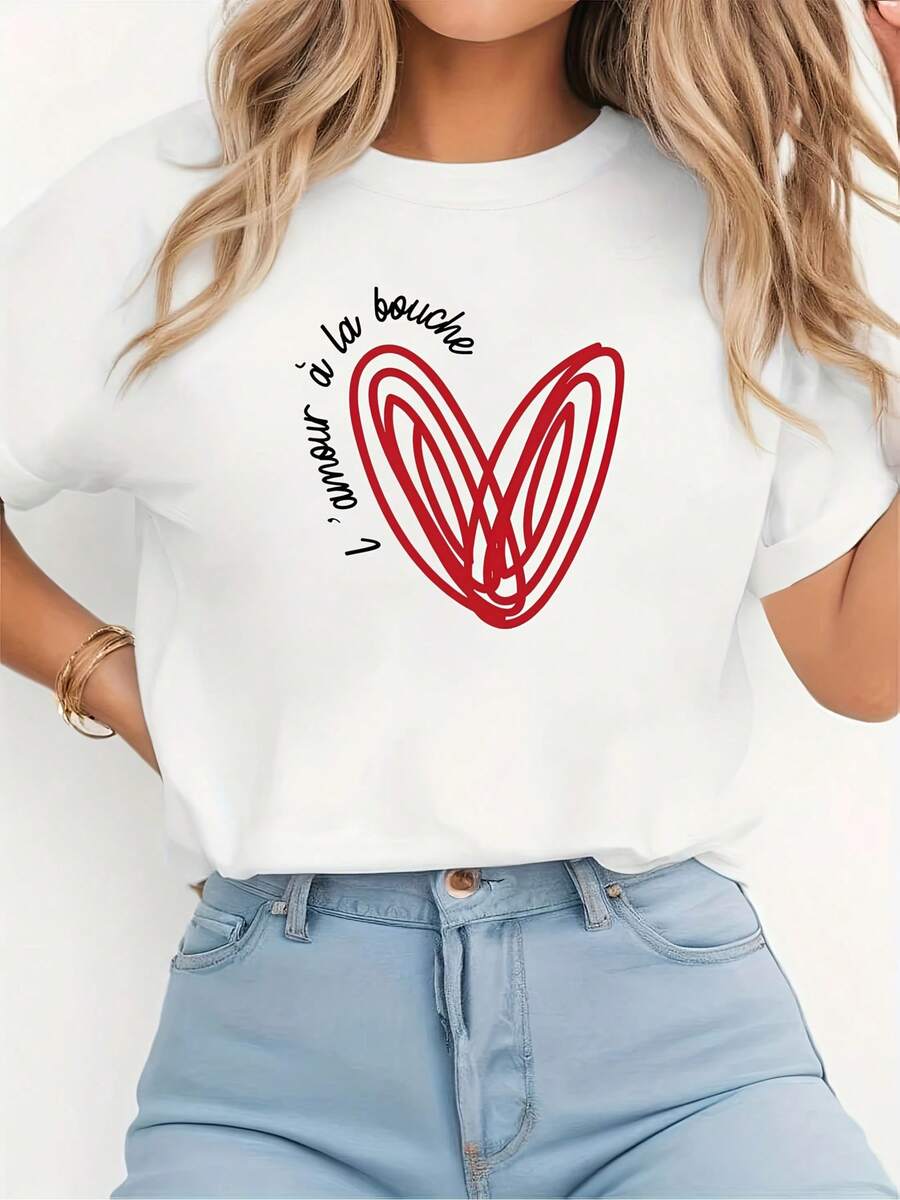 1 Piece Of Women's Short-Sleeved Opaque T-Shirt - Round Neck Top With Front And Back Print | Machine Washable Opaque Shirt, Suitable For Summer, Layering In Spring, And Everyday Casual Wear. | For Everyday Wear, Use 180g 100% Cotton Opaque Clothing. - 白色 - 查看 1