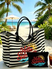 大容量黑白條紋沙灘托特包，可折疊帆布肩背包，附「Hello Summer」仿刺繡字母印花，防水防沙旅行包，適合夏季必需品，完美適用於沙灘旅行、游泳、購物和日常使用，適合女性、旅行者和沙灘愛好者，完美適用於春假、度假和禮物，可用作沙灘包、購物袋和旅行伴侶，返校禮物、父親節、返校禮物 - 彩色 - 查看 5