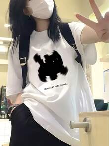 Women's Cotton T-Shirts With Round Neck, Casual Streetwear Style, Y2k Aesthetic Design, Short Sleeve Cat Print T-Shirt For Women, Loose Casual Summer Top, Simple Shirt For Everyday Wear. - 白色 - 查看 1