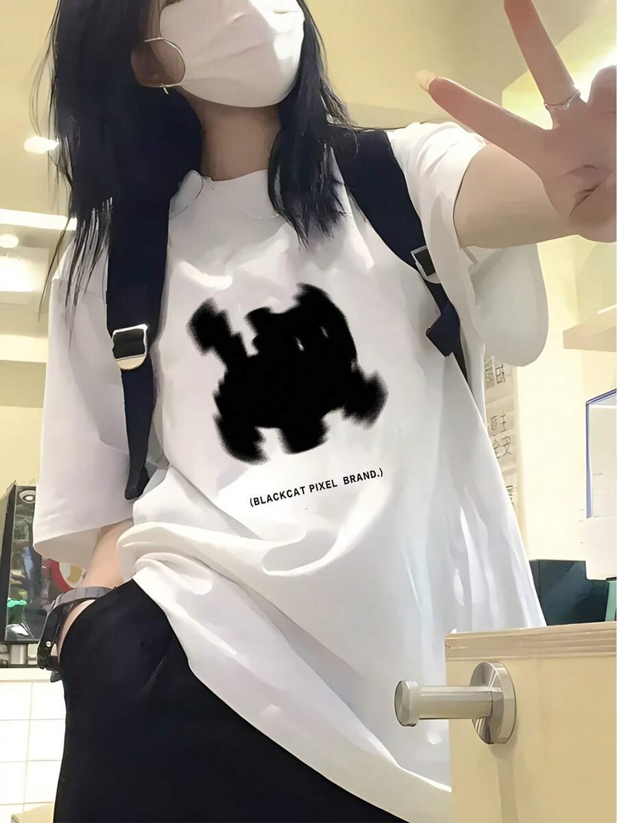 Women's Cotton T-Shirts With Round Neck, Casual Streetwear Style, Y2k Aesthetic Design, Short Sleeve Cat Print T-Shirt For Women, Loose Casual Summer Top, Simple Shirt For Everyday Wear. - 白色 - 查看 1