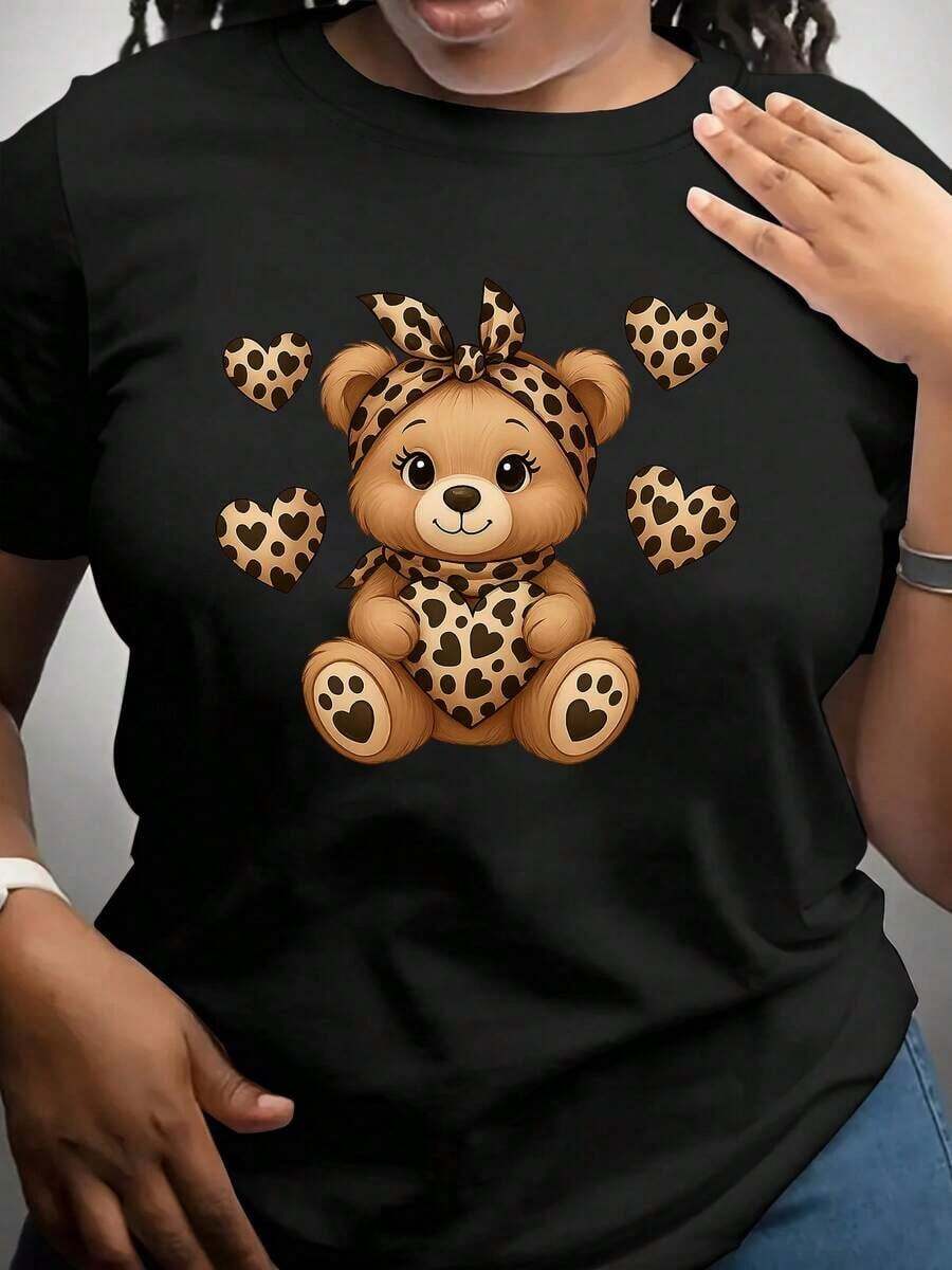 Women's Leopard And Bear Print T-Shirt - Casual Short Sleeve Crew Neck Top, Soft And Stretchy, For Spring, Summer And Autumn, Machine Washable, Comfortable Fit For Everyday Wear, Non-See-Through Material, Casual Blouse For Women, Cotton T-Shirts For Women - 黑色 - 查看 1