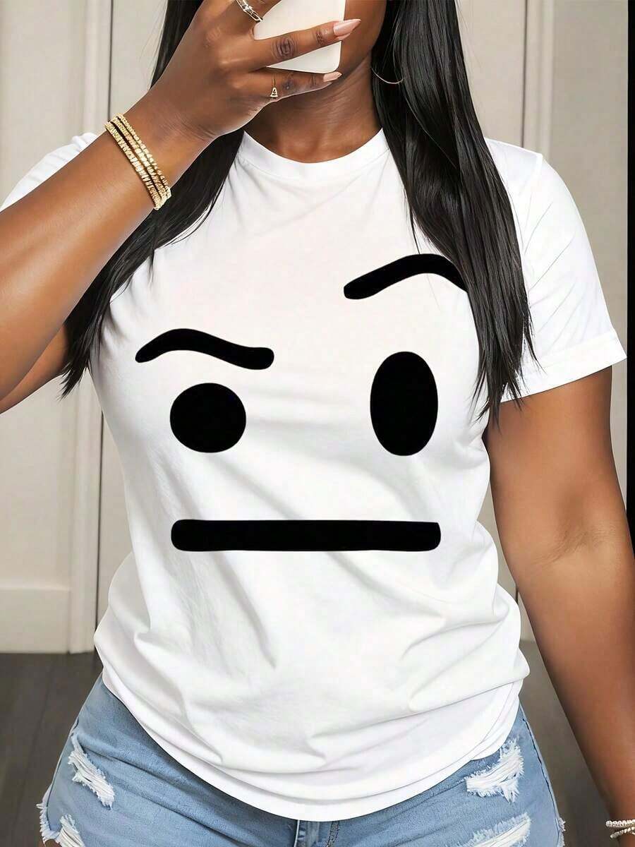 ropa de mujer Camiseta con estampado de cara para mujer, camiseta gráfica con expresión de dibujos animados, top casual unisex para uso diario, camiseta divertida y a la moda, camisas de mujer - Blanco - Ver 1