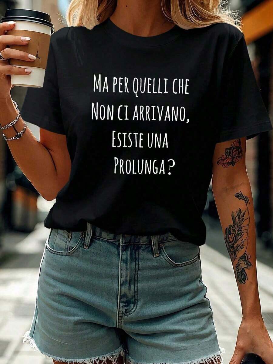 Suave, transpirable y ligera para comodidad durante todo el día. Camiseta de mujer con frases en italiano "Ma Per Quelli Che Non Ci Arrivano", estampado con letras italianas, manga corta, cuello redondo, blusa compatible para primavera y verano, ropa casual, regalos de viaje y atuendos diarios (lavable a máquina). Adecuada para uso diario. Cuello redondo clásico con un corte relajado que favorece todas las formas del cuerpo y es fácil de combinar con jeans, shorts y leggings. - Negro - Ver 1