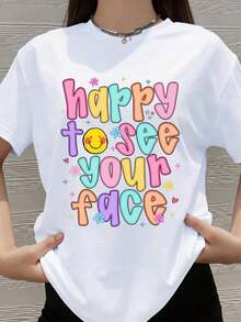 Encantado de ver tu rostro, linda camiseta gráfica colorida para mujeres y niñas, ropa casual de verano, regalo divertido para amigos y familiares, celebración de cumpleaños y Día de San Valentín. - Blanco - Ver 1