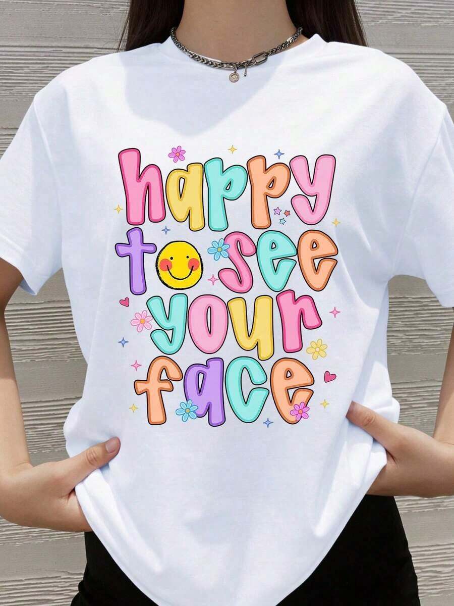 Nice To See Your Face, Cute Colorful Graphic T-Shirt For Women And Girls, Summer Casual Wear, Fun Gift For Friends And Family, Birthday Celebration And Valentine's Day. - 白色 - 查看 1