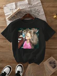 Una camiseta de mujer de manga corta, holgada, moderna, retro y elegante, adecuada para actividades al aire libre en primavera y verano, con un divertido estampado de muñeca, cuello redondo y estilo casual, ideal para usar en primavera y verano, ropa de mujer.blusas para mujer,blusas casuales para dama,tops,, mujer premium,y2k,playeras de mujer curvy,ofertas y liquidaciones ropa mujer,playeras deportivas para mujer,,playeras de hombre, mujer,blusas>elegante PBNS - Negro - Ver 1