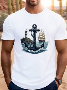 Camiseta de Hombre Talla Grande con Diseño Náutico de Faro y Ancla, PLUS SIZE - Blanco - Ver 1