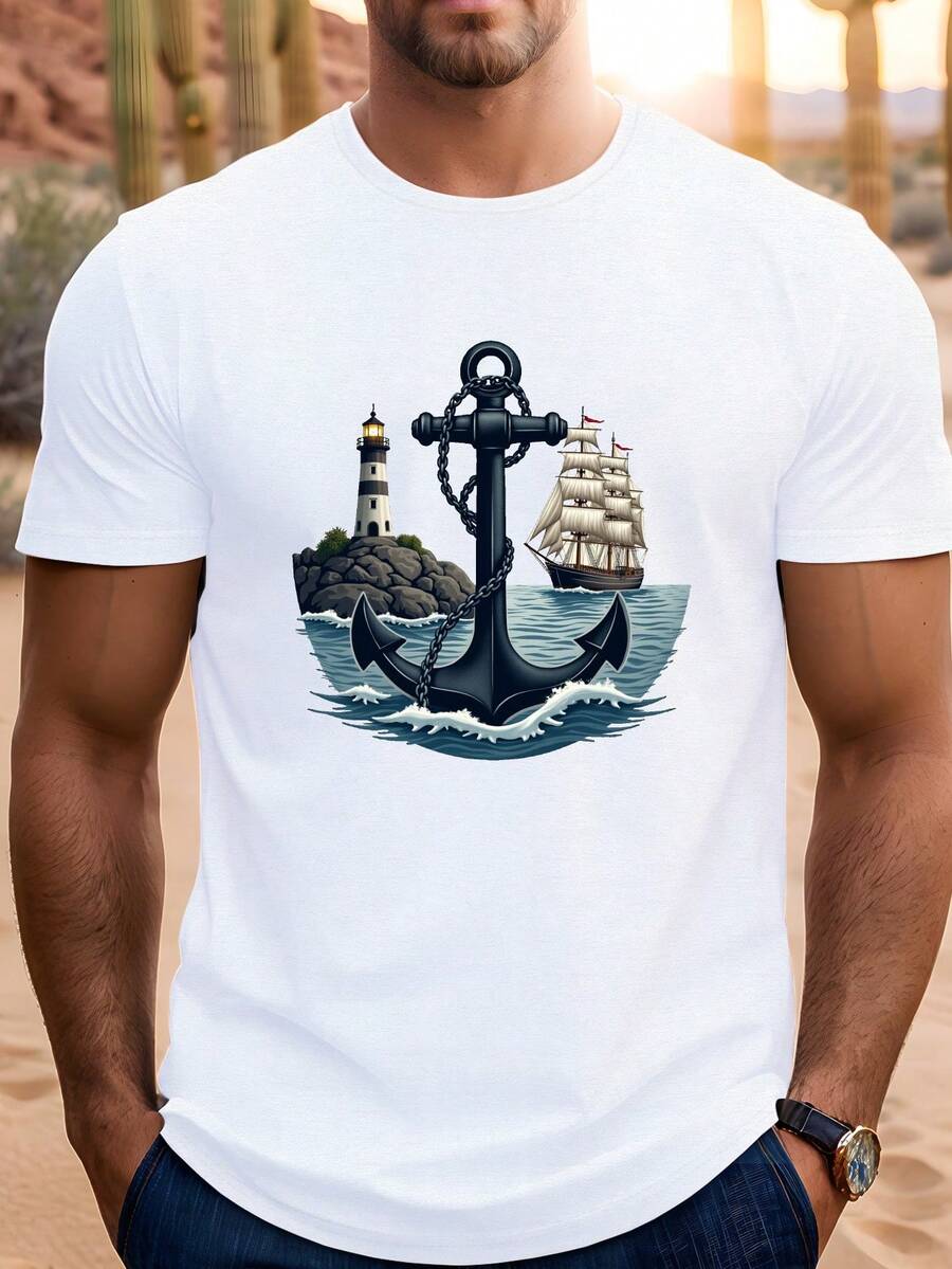 Camiseta de Hombre Talla Grande con Diseño Náutico de Faro y Ancla, PLUS SIZE - Blanco - Ver 1