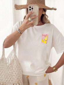 Camiseta Gráfica Casual de Corte Holgado para Mujer "Limoncello Spritz", Transpirable y Cómoda, Manga Corta, Cuello Redondo, Rayas Rosadas y Estampado de Limones, Algodón Suave, Perfecta para Uso Diario y Estilo Urbano de Verano - Blanco - Ver 2