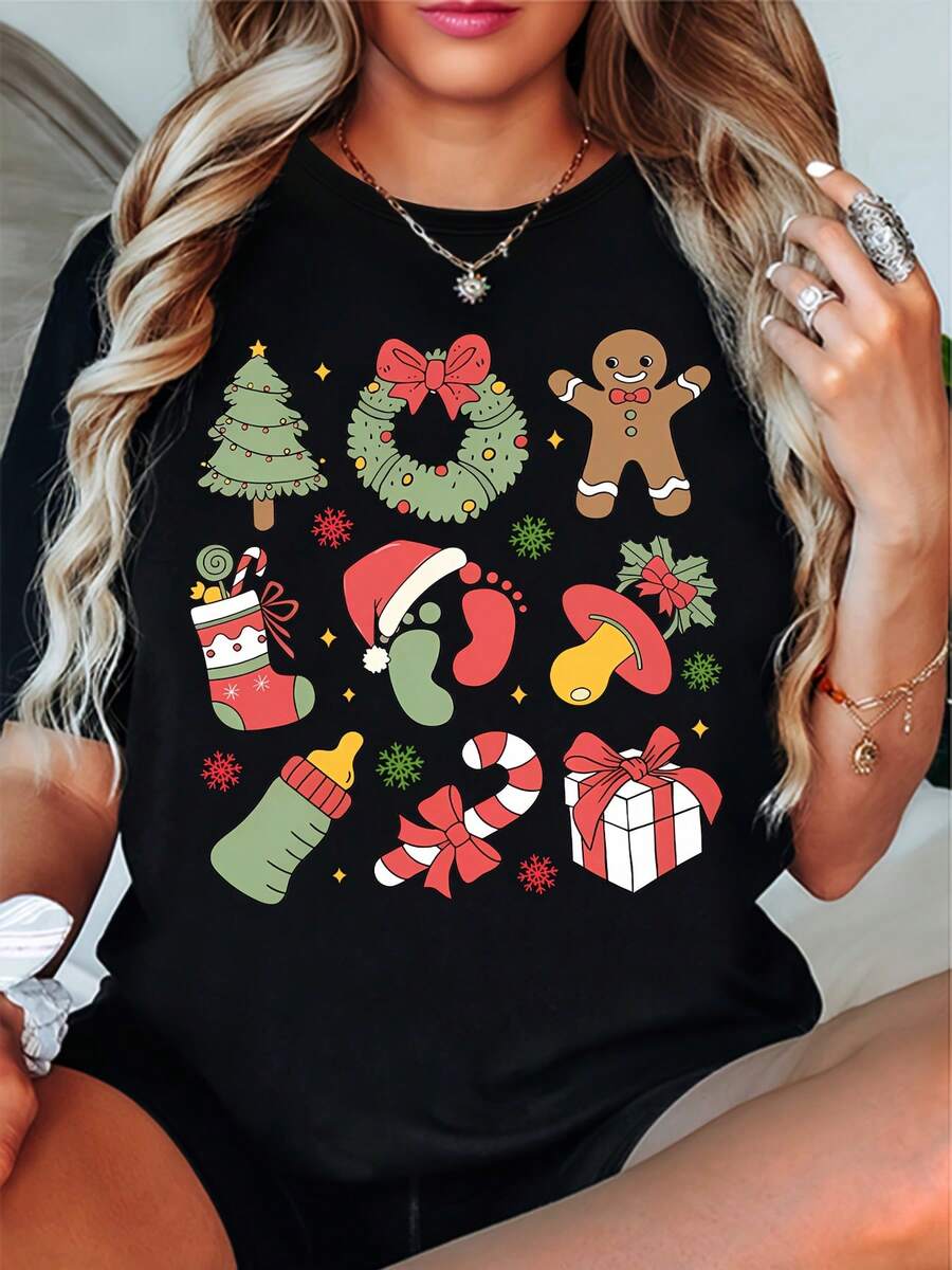 1 pieza, regalo de Navidad, regalo para enfermeras, camiseta estampada de Navidad 180g 100% algodón - Negro - Ver 1