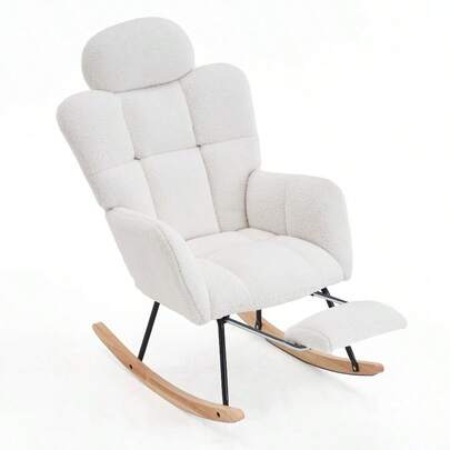 Rocking Chair With Headrest Footstool For Adults, Teddy Nursing Chair And Foot Stool For Nursery, Wooden Armchair For Living Room Bedroom