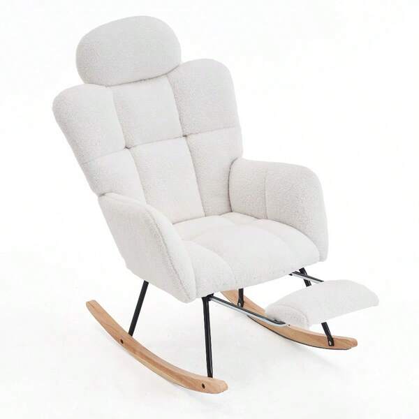 Rocking Chair With Headrest Footstool For Adults, Teddy Nursing Chair And Foot Stool For Nursery, Wooden Armchair For Living Room Bedroom