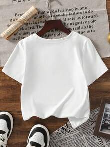 1pc Girls Ciao Bella Cherry Print Graphic Tee, Cute Aesthetic Casual Young Girl Summer Top - White - View 4