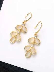 1 par de pendientes con piedra de ojo de gato con forma de pétalo, pendientes con hoja de rhinestone - Amarillo Oro - Ver 3