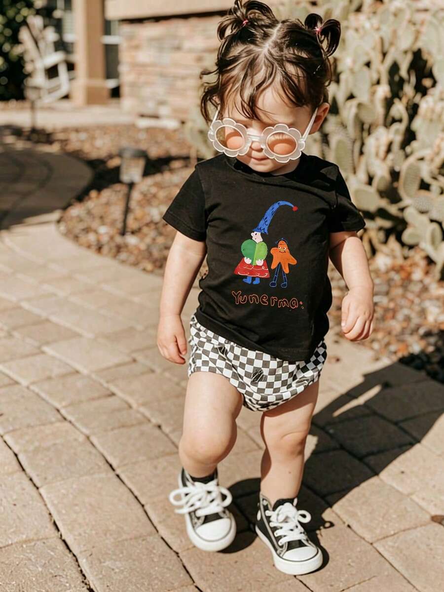 1 pieza Camiseta de manga corta y cuello redondo con estampado de dibujos animados lindos para niños/niñas pequeños, conjunto casual de regreso a la escuela - Negro - Ver 1