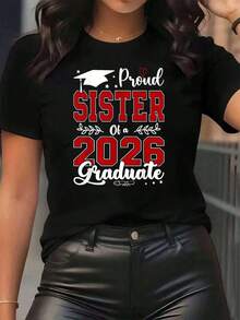 Mexican Women's T-Shirt With Graduation Cap And Heart Print, Proud Sister Of A 2026 Graduate, Crew Neck, Casual Daily Wear, Soft And Comfortable, Festival Top, Summer Fashion Cotton T-Shirt - 黑色 - 查看 7
