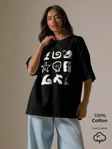Women's Loose-Fitting T-Shirt With A Round Neck And Exquisite Print. Soft And Breathable Fabric, Comfortable To Wear, And Short Sleeves. Casual And Relaxed Fit, Versatile Style. Made From High-Quality 100% Pure Cotton (200 G). - 黑色 - 查看 6
