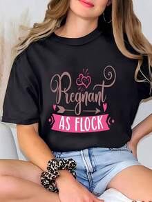 100% Cotton T-Shirt With Funny "Pregnant As Flock" Print, Casual Short Sleeve T-Shirt For Women, Maternity Streetwear, Soft Breathable Top For Everyday Wear And Pregnancy Announcements, Plus Size Available - 黑色 - 查看 7
