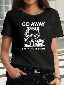Women's T-Shirt With Cat Listening To Music Design | Cartoon Cat Print Design, Short Sleeves, Crew Neck, Breathable And Stretchy Fabric, Versatile Casual Fashion, Machine Washable, Ideal For Pet Lovers And Everyday Wear. Casual Women's Blouses. - 黑色 - 查看 7