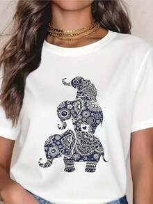 PremiumElephant Stack Mandala Design Wo's White T-Shirt - Boho Animal Print Casual Top For Everyday Wear, Yoga, Travel, And Festival OutfitsGift Idea - 白色 - 查看 7