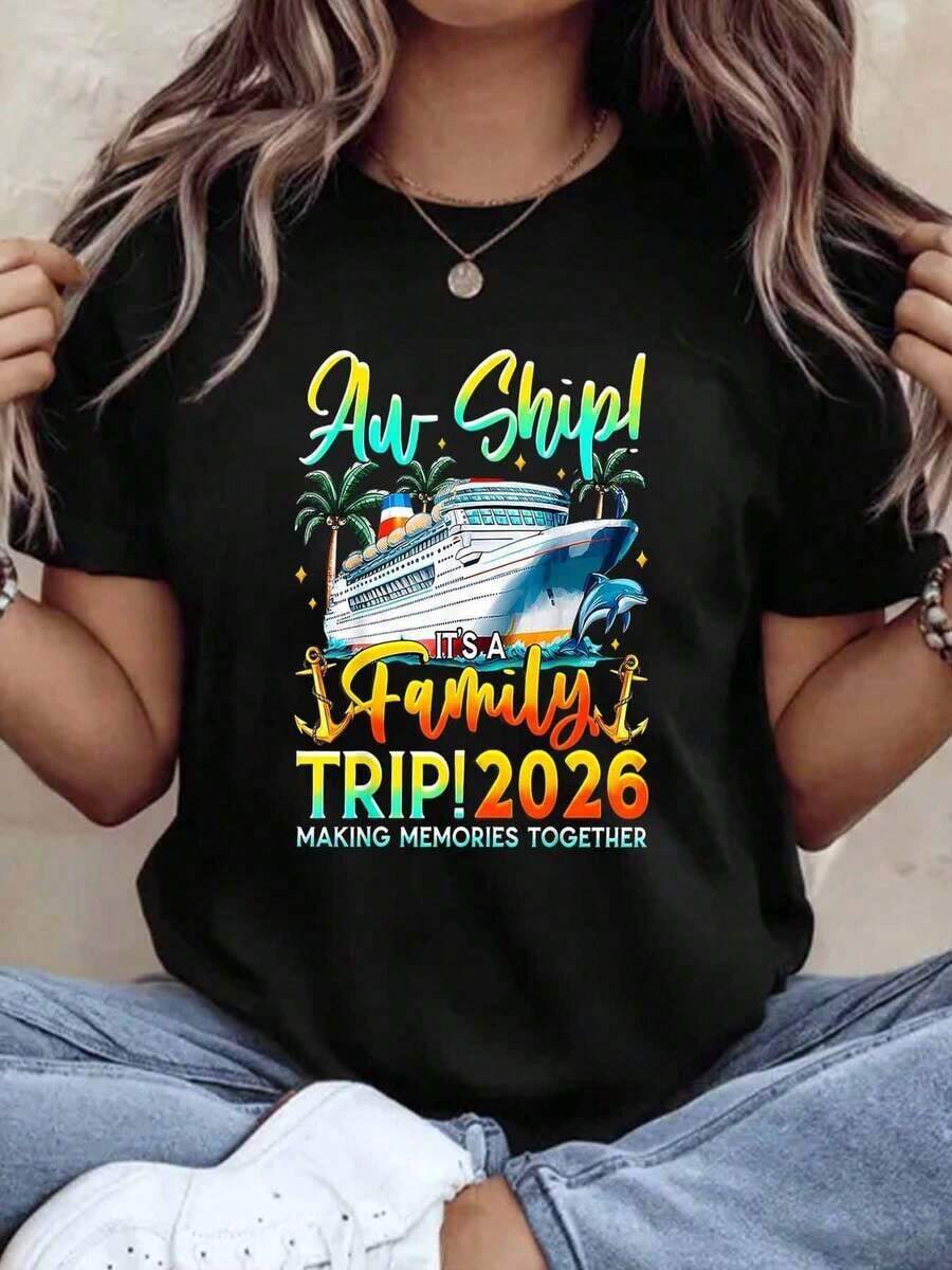 Women's Cotton T-Shirts Ah Ship Its A Family Trip 2026 Making Memories Together Cruise Shirt For Family Vacation, Travel Outfit, Summer Gift For Parents And Children, Basic Women's Blouses - 黑色 - 查看 1