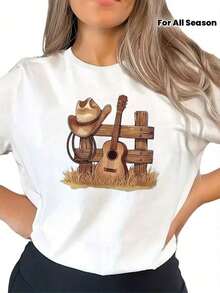 Women's Cotton T-Shirts. Casual Short-Sleeved T-Shirt For Women - Printed Design, Loose Round Neck, Breathable Medium-Stretch Fabric, Machine Washable, Versatile Garment For All Seasons, Suitable For Everyday Wear, Fun Prints, Comfortable Material, Modern Style. Basic Women's Blouses - 白色 - 查看 2