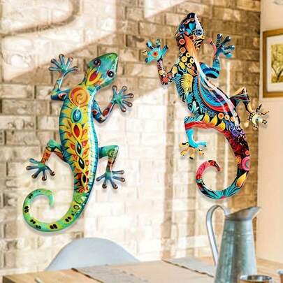 2pcs Acrylic Wall Hanging Lizard Decor With Vibrant Handmade Floral Patterns - Ideal For Home, Patio, Porch And Garden Decoration
