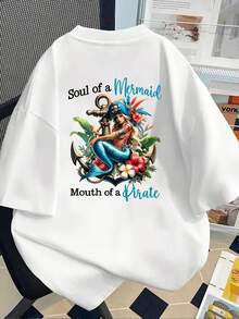 New 180g Short-Sleeved T-Shirt, 1% Cotton, With Front And Back Prints - Pirate Mermaid Print, Ocean Theme - Fashionable Printed T-Shirt For Women, Short-Sleeved, Suitable For All Seasons,  Clothing - Can Be Worn As A Base Layer In Spring And Autumn Or Alone In Summer, Unisex. - 白色 - 查看 2