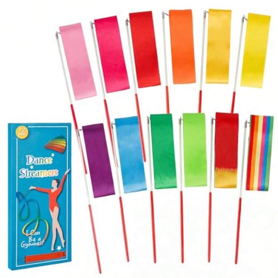 QJUSLIN 12pcs Rhythmic Dance Ribbons Gym Ribbons Streamers Dancing Streamers, Rotating Baton, for Artistic Dancing - como en la imagen - Ver 1